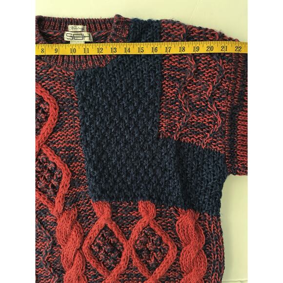 VTG SOH Chunky Sweater Men S Red Blue Cable Knit Cabincore Grandpa Handmade - Picture 4 of 8